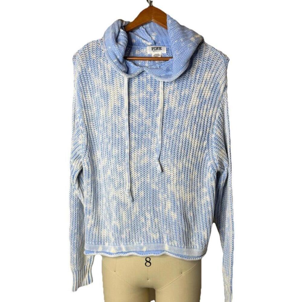 Victoria’s Secret Pink Cable Knit Hoodie Sweater Medium Blue Pullover Oversized